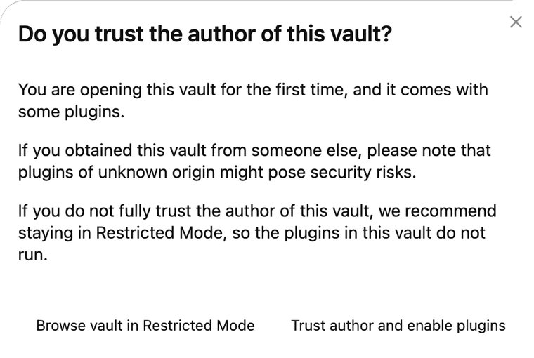 Obsidian's message, "Do you trust the author of this vault?", with two buttons at the bottom, Browse vault in Restricted Mode and Trust author and enable plugins.