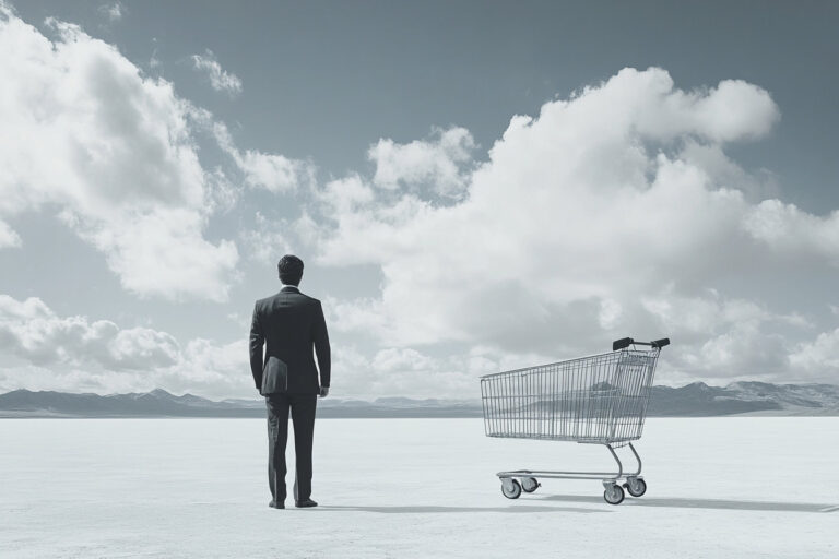 Man in suit with shopping trolley in desert.