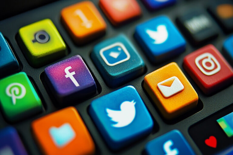 Colourful social media app icons on keyboard