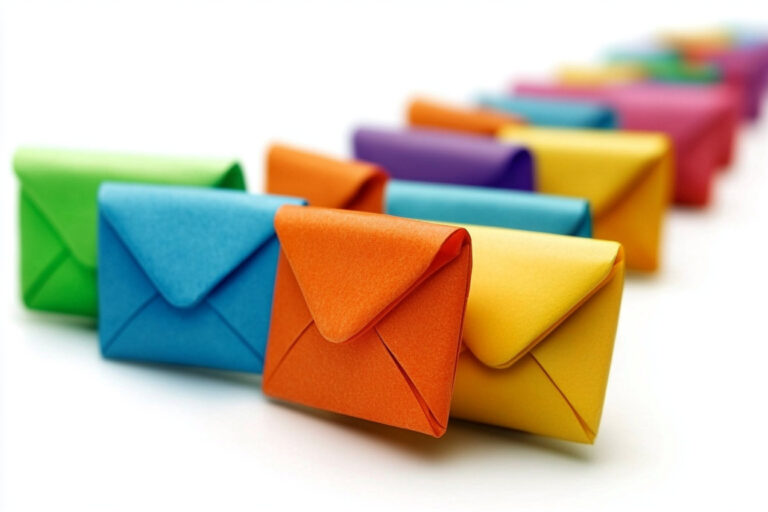 Colourful envelopes arranged in a line