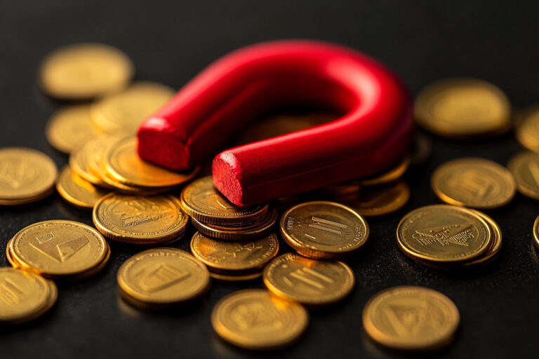 Red magnet attracting golden coins on black background.