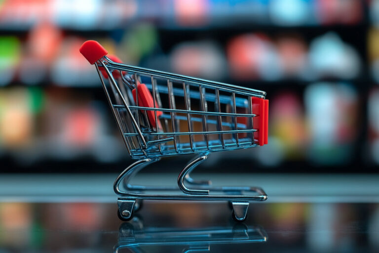 Empty shopping trolley in a store aisle.