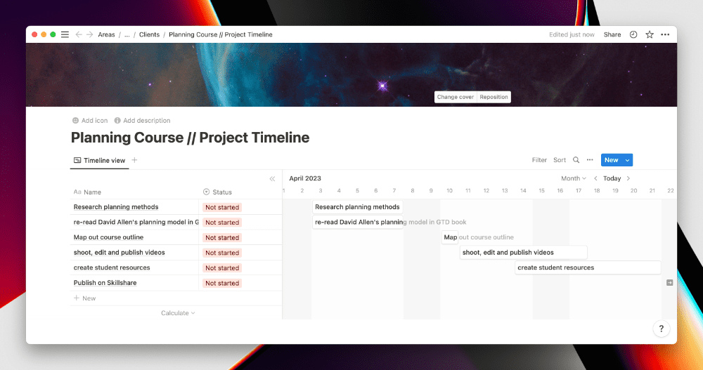 Plan of action timeline using Gantt chart in Notion