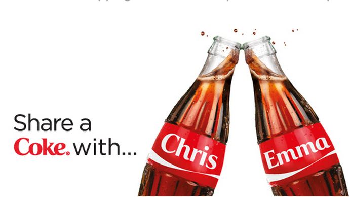 Coca-Cola bottles with names Chris and Emma, campaign ad.