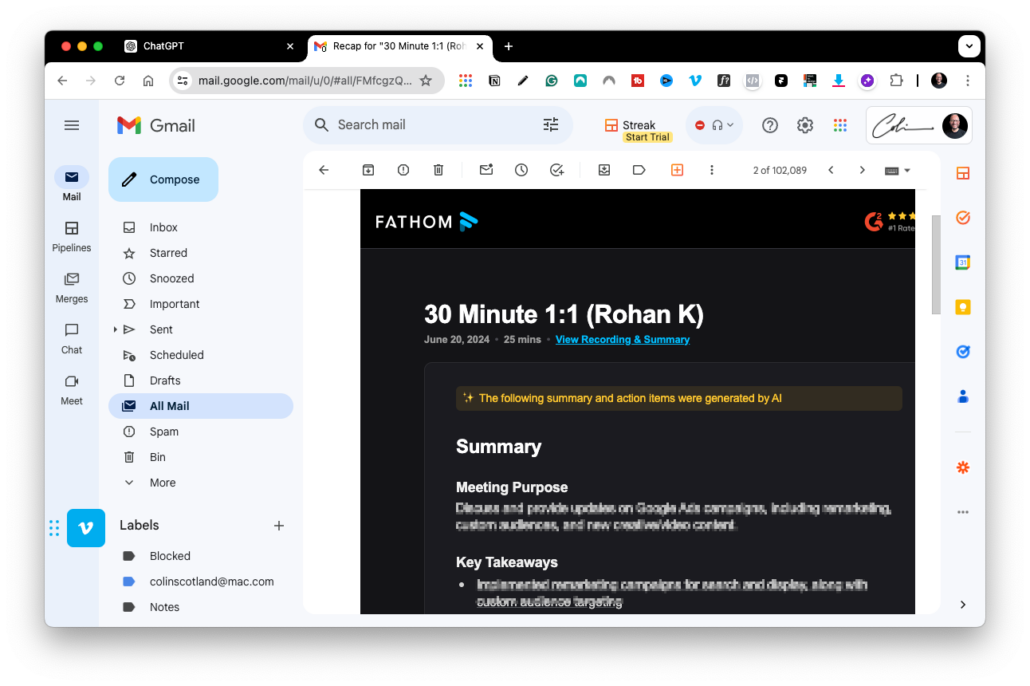 fathom coaching meeting summary email