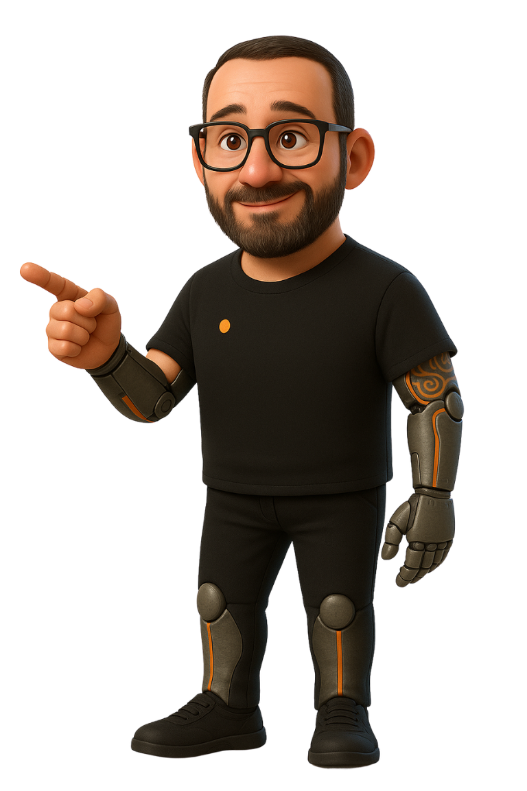 Robot Colin Robot Colin, Colin Scotland’s stylized human-AI avatar, pointing and welcoming visitors to AI strategy coaching for entrepreneurs.
