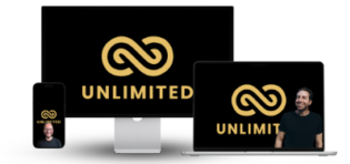 Devices displaying 'UNLIMITED' logo with smiling man.